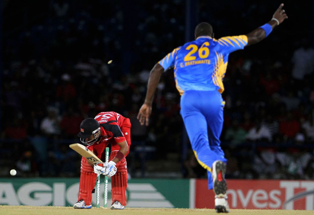 Lendl Simmons was bowled by Carlos Brathwaite for 19, Trinidad & Tobago v Barbados, Nagico Super50, final, Port-of-Spain, February 15, 2014