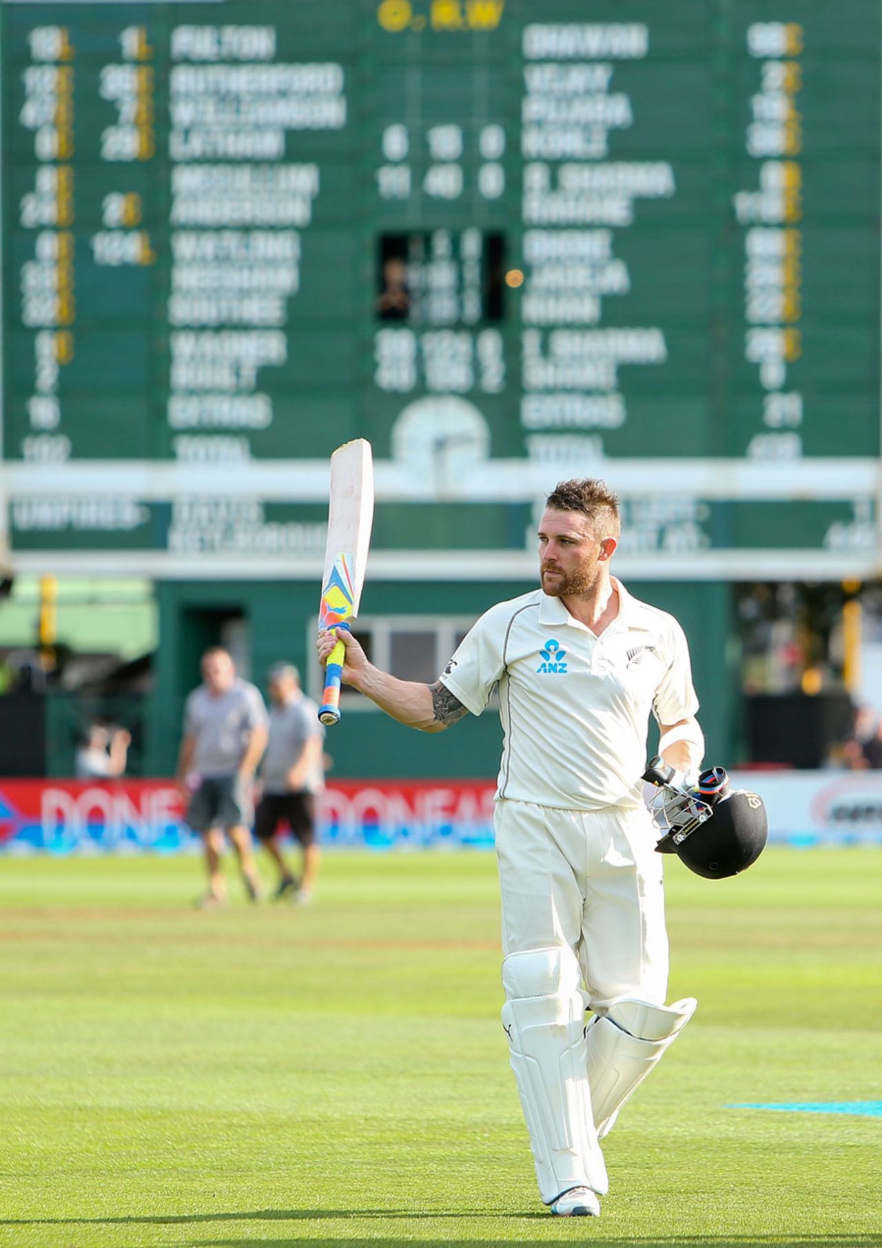 Brendon McCullum, on 281*, walks back after batting the entire day, 4th day, Wellington, February 17, 2014