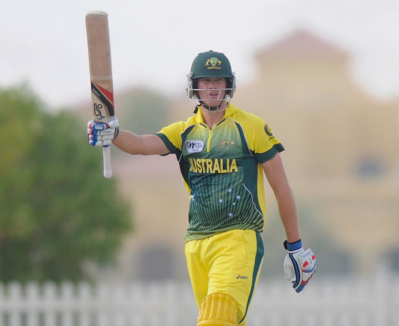 Australia Under-19's James Bazley signals his half-century, Afghanistan v Australia, Under-19 World Cup, Abu Dhabi, February 17, 2014