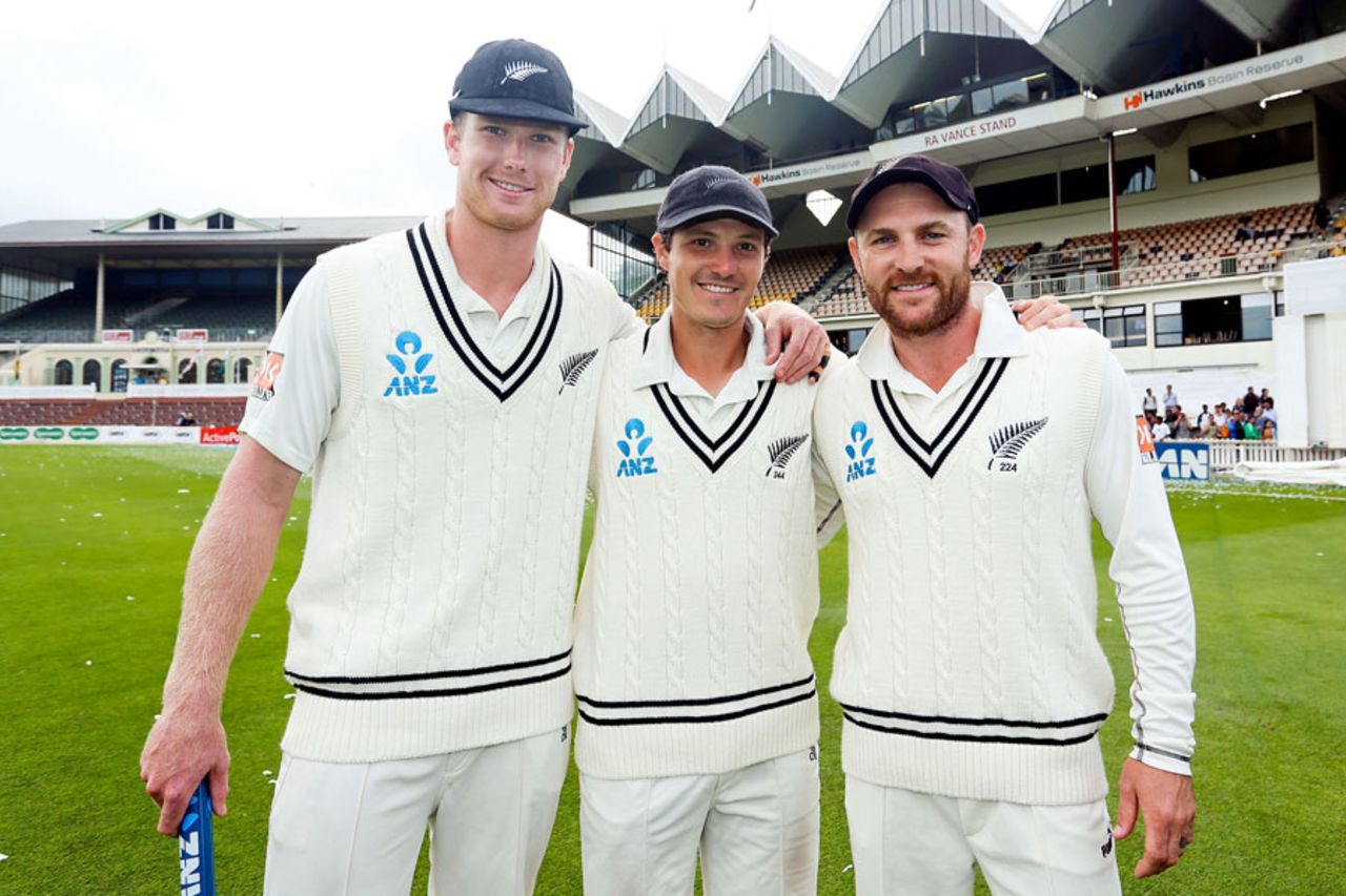 New Zealand's match-saving trio pose after the game, New Zealand v India, 2nd Test, Wellington, 5th day, February 18, 2014