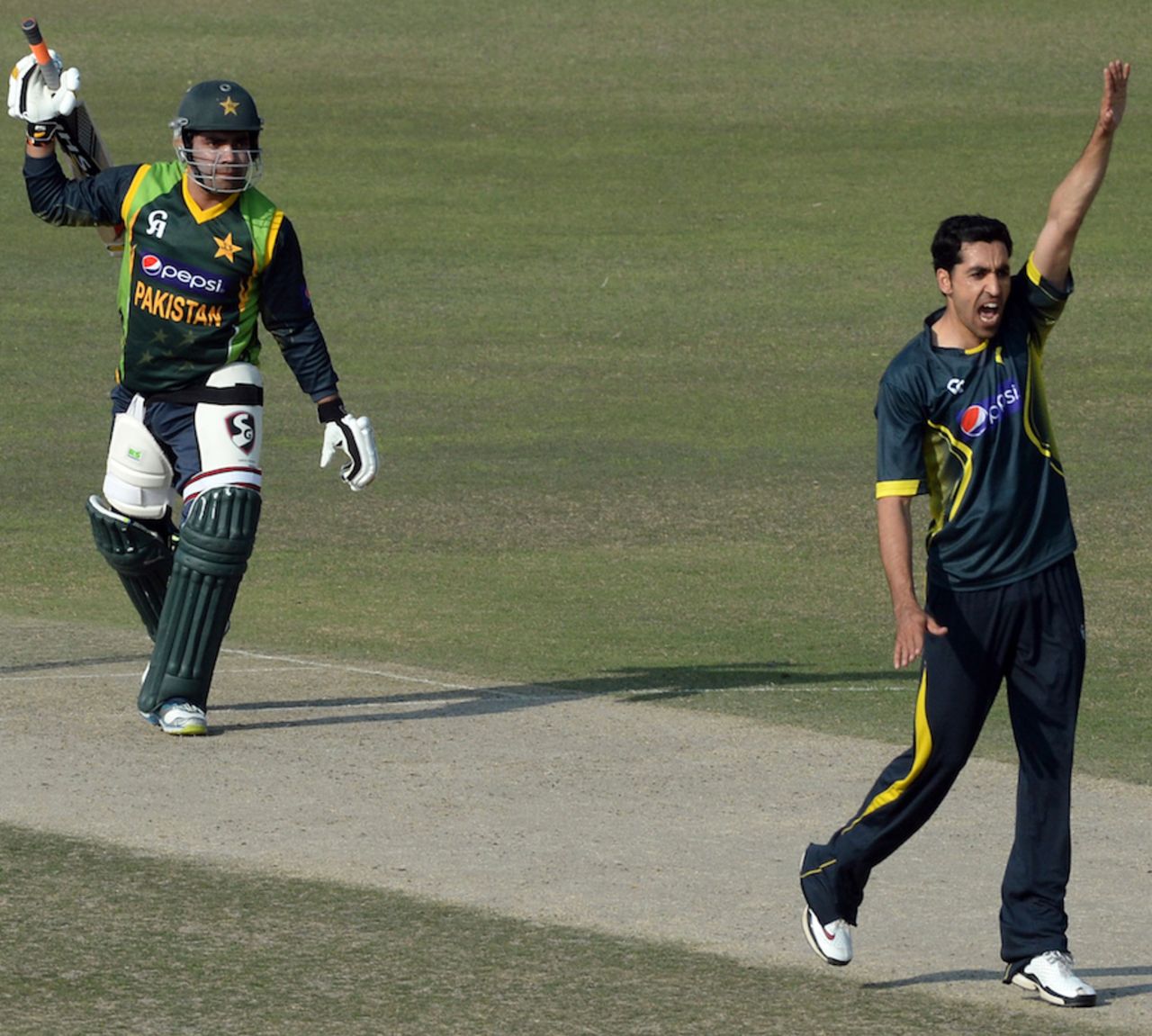 Umar Gul appeals against Umar Akmal during a practice match, Lahore, February 19, 2014