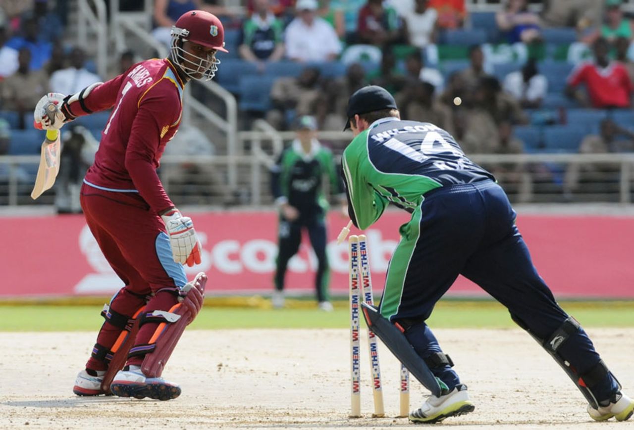 Marlon Samuels was stumped well out of his ground, West Indies v Ireland, 1st T20, Kingston, February 19, 2014