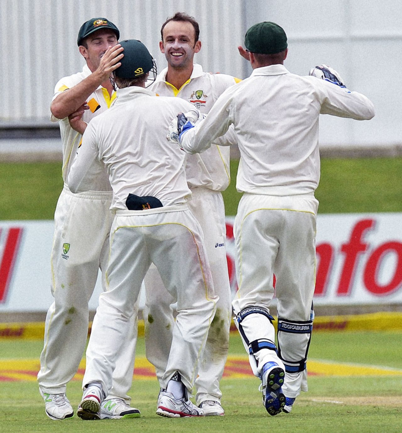 Nathan Lyon celebrates after dismissing Faf du Plessis for 55, South Africa v Australia, 2nd Test, Port Elizabeth, 1st day, February 20, 2014