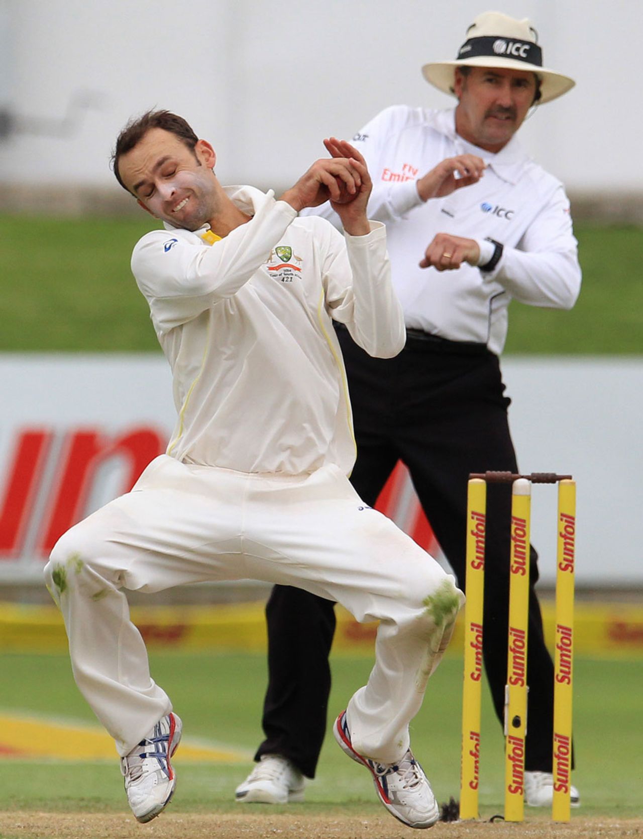 Nathan Lyon fields off his own bowling, South Africa v Australia, 2nd Test, Port Elizabeth, 1st day, February 20, 2014