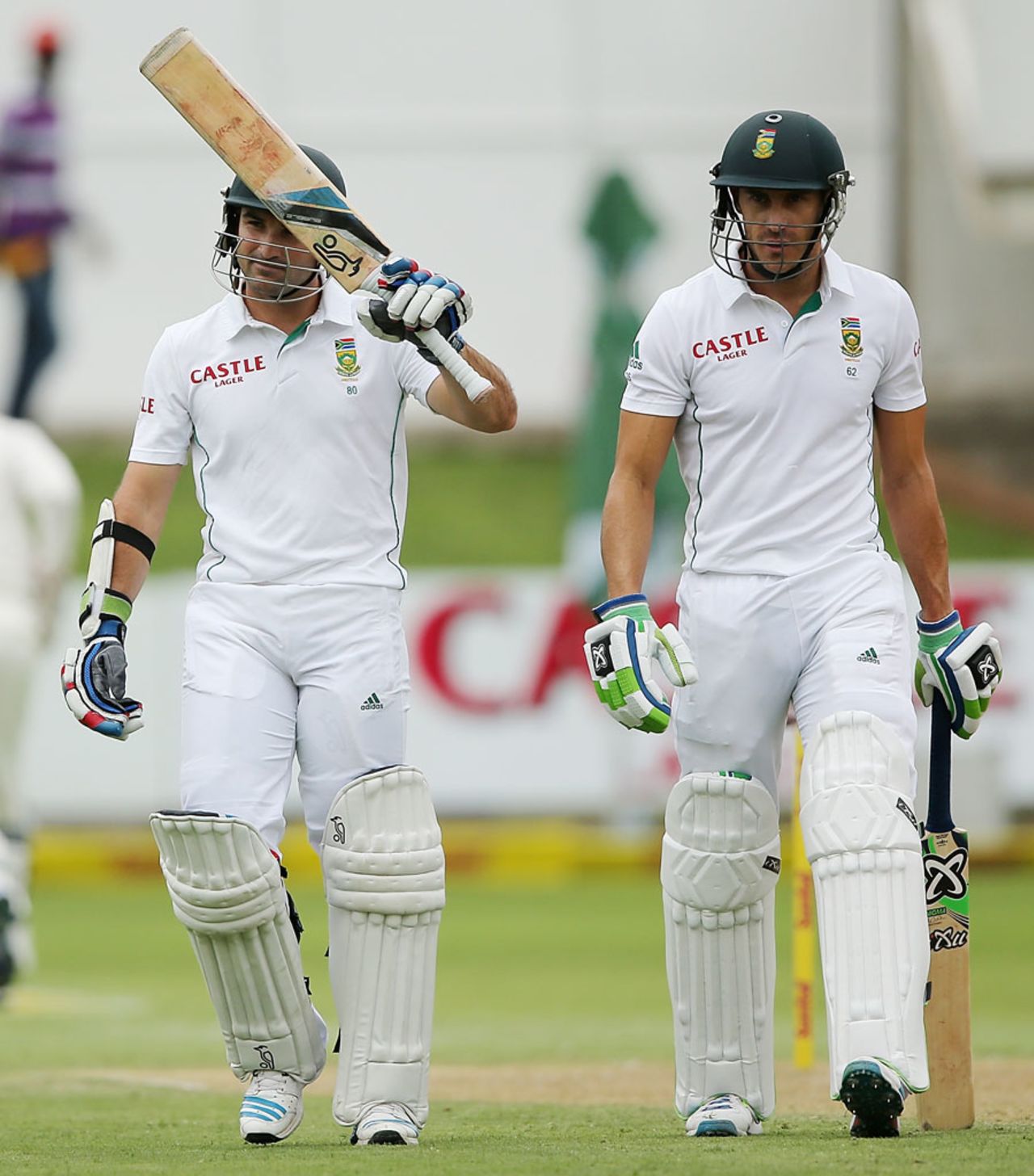 Dean Elgar raises his bat on reaching 50, South Africa v Australia, 2nd Test, Port Elizabeth, 1st day, February 20, 2014
