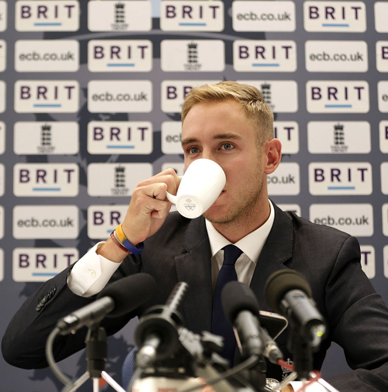 Stuart Broad attends a press conference before flying to West Indies, Gatwick, February 21, 2014