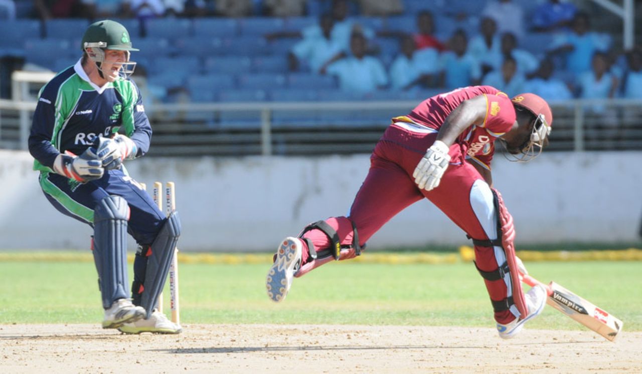 Gary Wilson completes the run-out of Darren Sammy, West Indies v Ireland, 2nd T20, Kingston, February 21, 2014