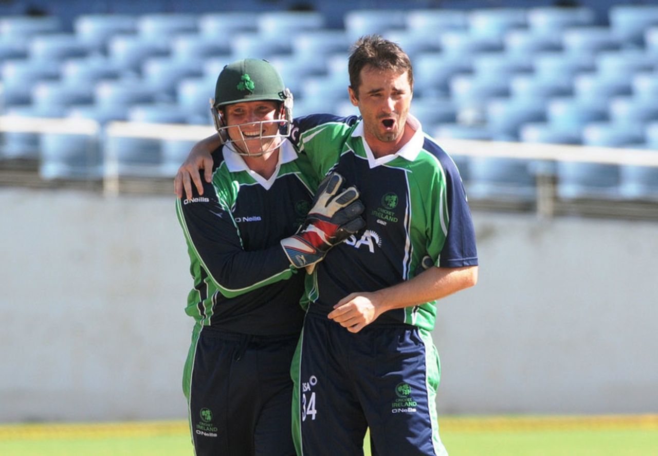 Gary Wilson and Tim Murtagh celebrate a wicket, West Indies v Ireland, 2nd T20, Kingston, February 21, 2014