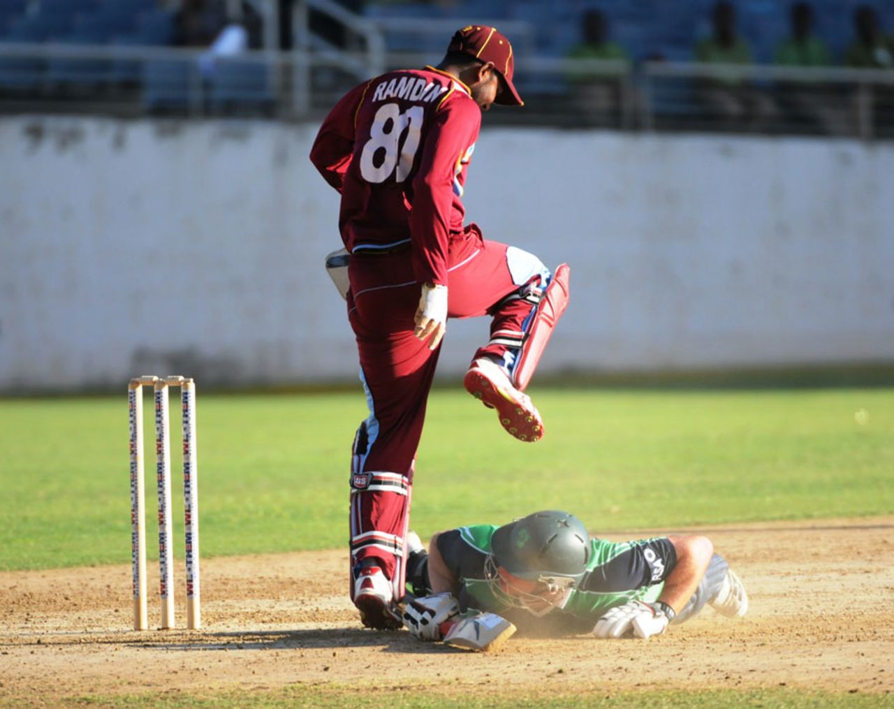 Denesh Ramdin and Max Sorensen try to avoid a collision, West Indies v Ireland, 2nd T20, Kingston, February 21, 2014