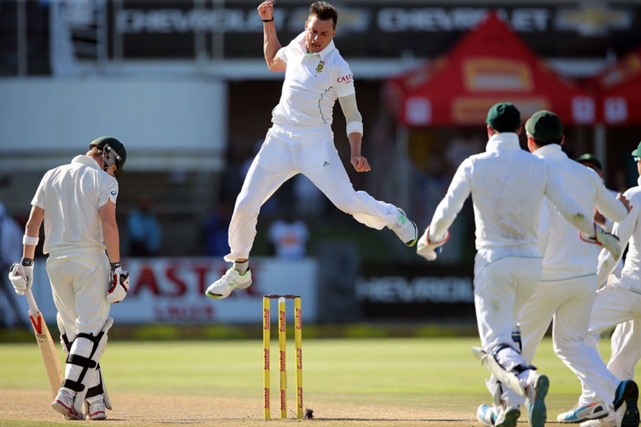 Dale Steyn takes a celebratory leap, South Africa v Australia, 2nd Test, Port Elizabeth, 4th day, February 23, 2014