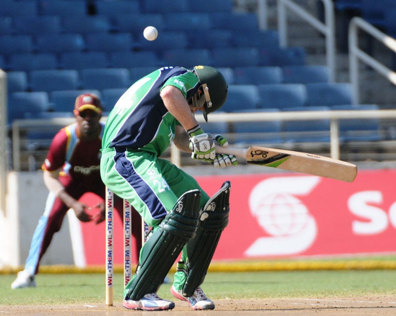 Ireland's Ed Joyce ducks under a short ball, West Indies v Ireland, only ODI, Kingston, February 23, 2014