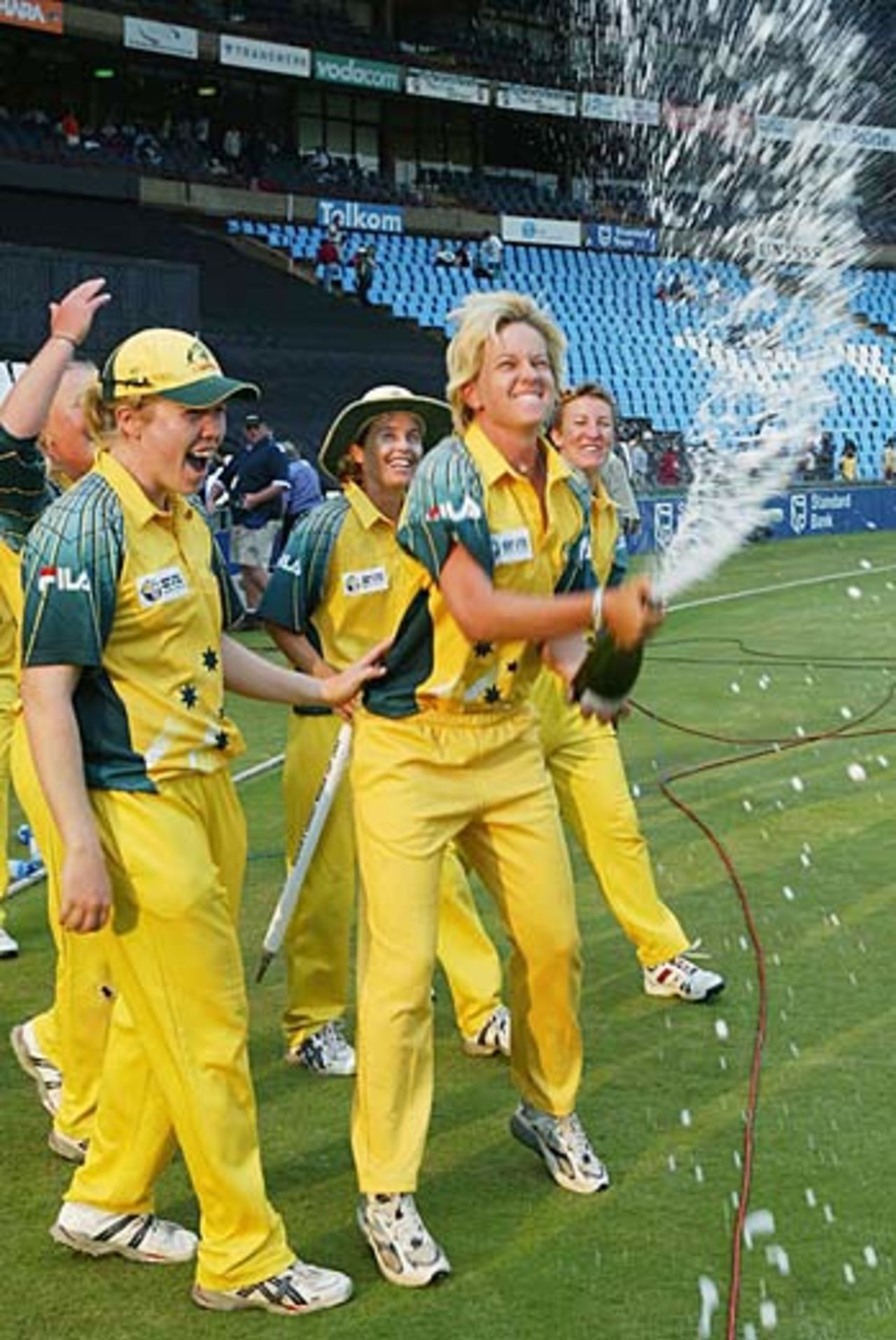 Emma Liddell sprays champagne as Australia's celebrations at winning the World Cup begin, Australia v India, Women's World Cup final, Centurion, April 10, 2005