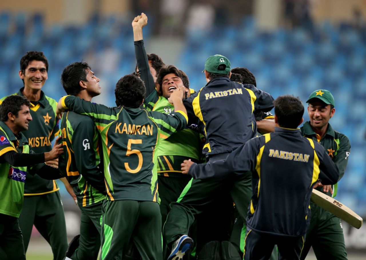 The Pakistan players are overjoyed after reaching the final, England v Pakistan, semi-final, Under-19 World Cup, Dubai, February 24, 2014