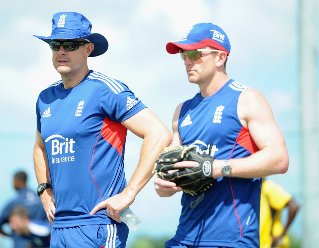 Paul Collingwood and Ashley Giles look on during a nets session, Antigua, February 25, 2014