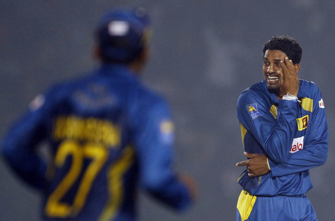 Sachithra Senanayake smiles after dismissing Sohaib Maqsood, Pakistan v Sri Lanka, Asia Cup, Fatullah, February 25, 2014