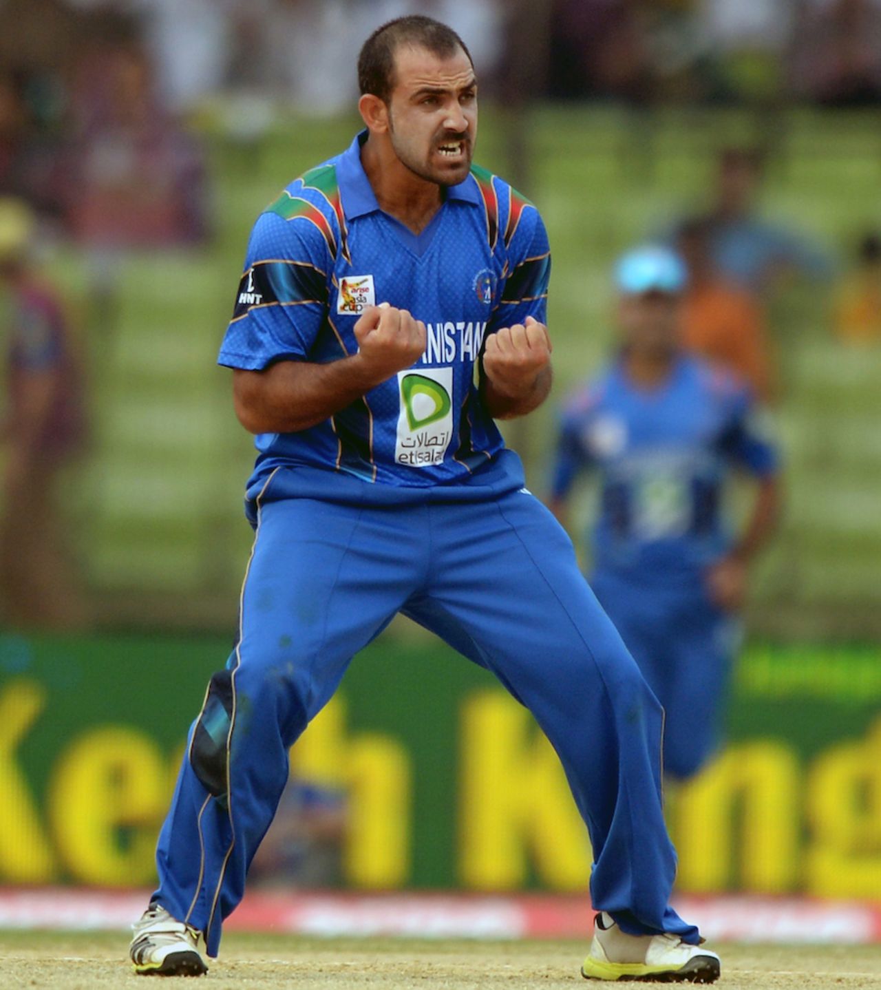 Samiullah Shenwari is pumped after picking up his second wicket, Afghanistan v Pakistan, Asia Cup 2014, Fatullah, February 27, 2014