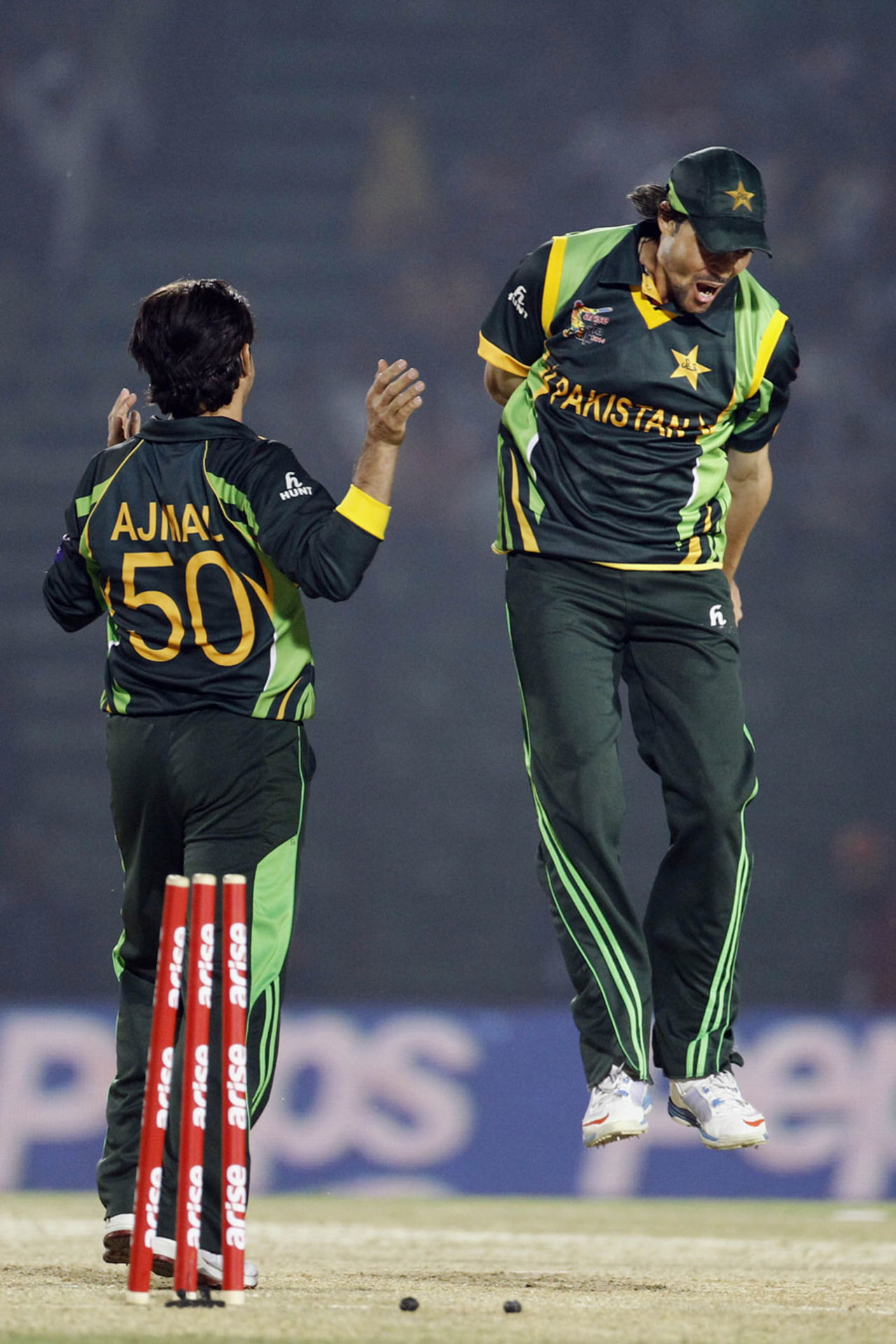 Saeed Ajmal and Anwar Ali exult after a wicket, Afghanistan v Pakistan, Asia Cup 2014, Fatullah, February 27, 2014