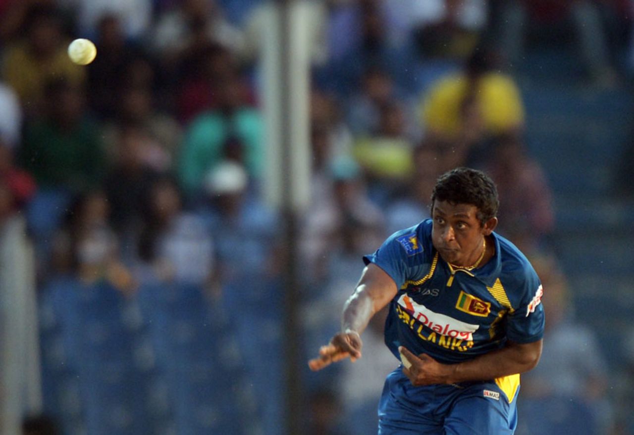 Ajantha Mendis gives the ball a good rip, India v Sri Lanka, Asia Cup, Fatullah, February 28, 2014