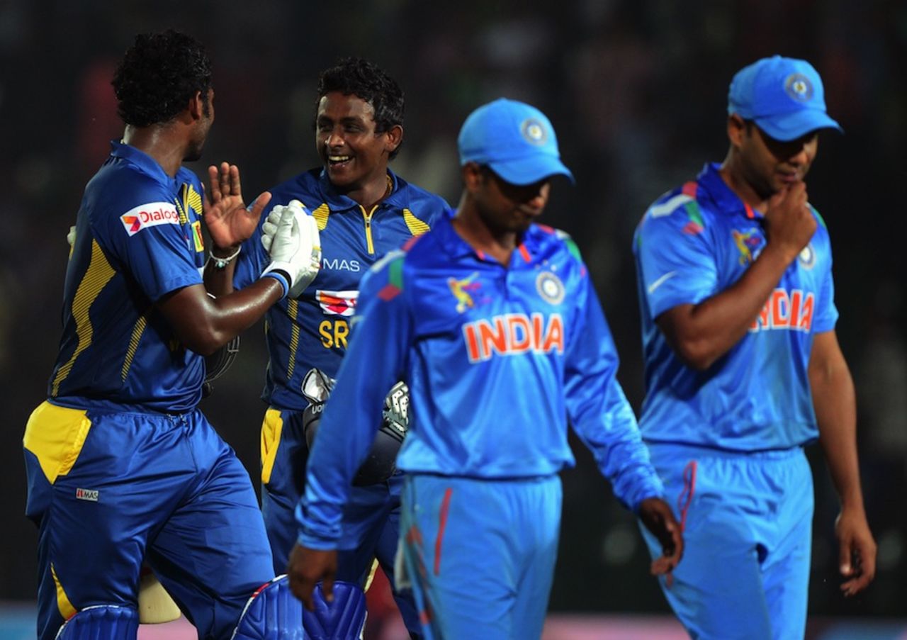 Thisara Perera and Ajantha Mendis are all smiles after their win, India v Sri Lanka, Asia Cup, Fatullah, February 28, 2014