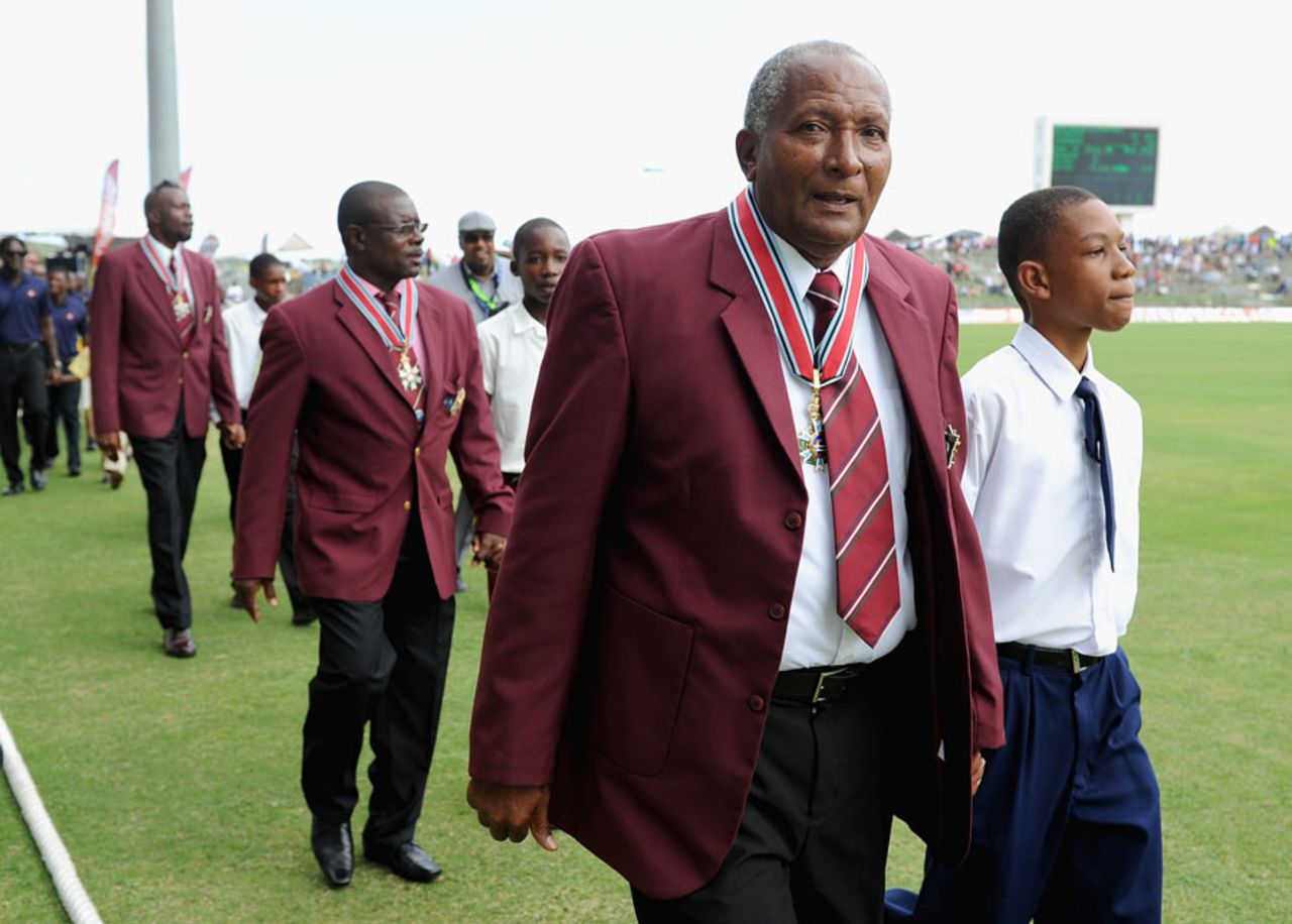 Andy Roberts leads Richie Richardson and Curtly Ambrose in a parade after they were knighted, West Indies v England, 1st ODI, North Sound, February 28, 2014