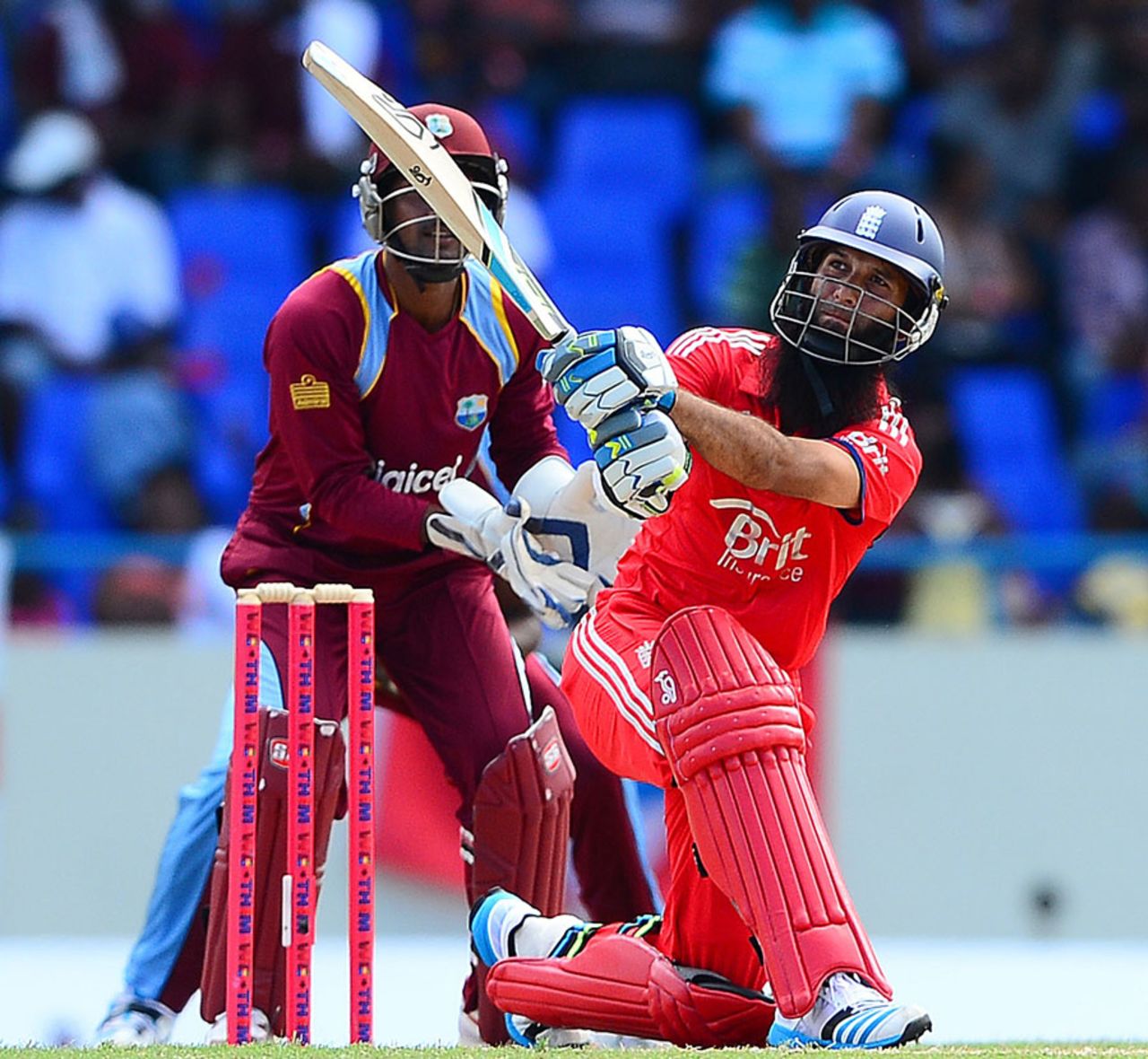 Moeen Ali played some positive strokes at the start of his first innings for England, West Indies v England, 1st ODI, North Sound, February 28, 2014