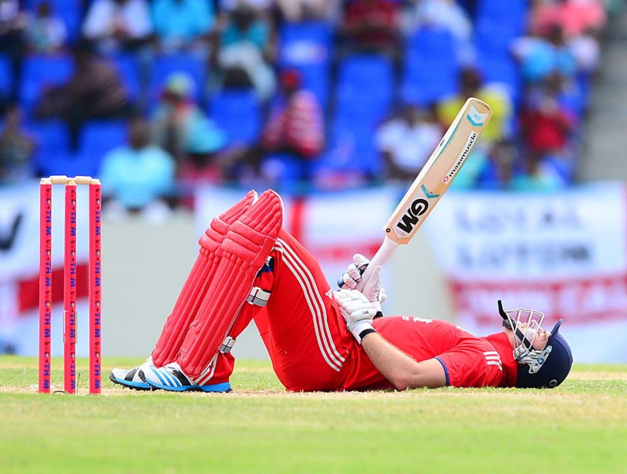 Michael Lumb was flat out after a painful blow, West Indies v England, 1st ODI, North Sound, February 28, 2014