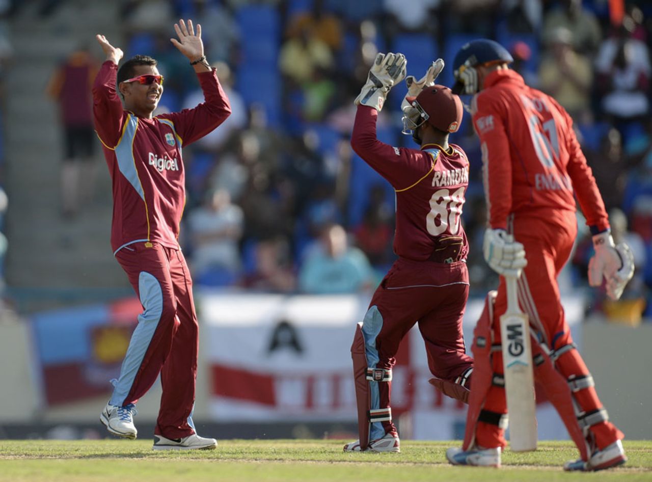 Sunil Narine dismissed Joe Root, West Indies v England, 1st ODI, North Sound, February 28, 2014