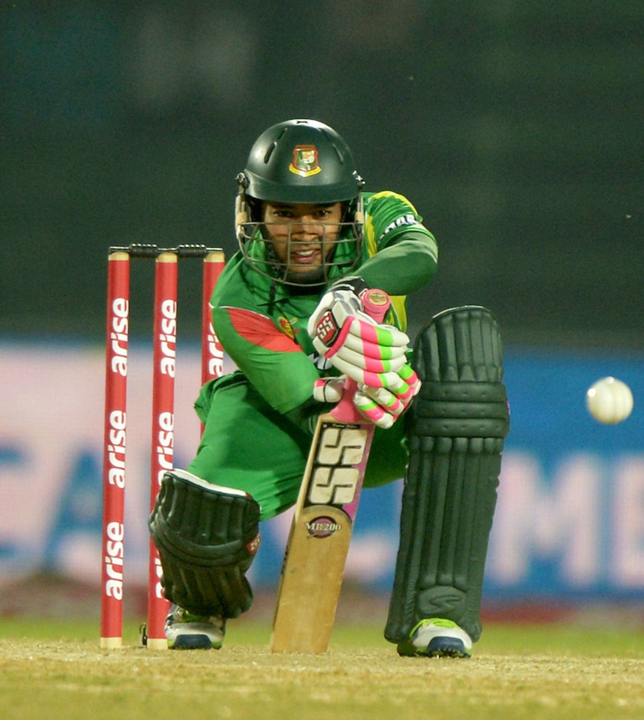 Mushfiqur Rahim defends one off the front foot, Bangladesh v Afghanistan, Asia Cup, Fatullah, March 1, 2014
