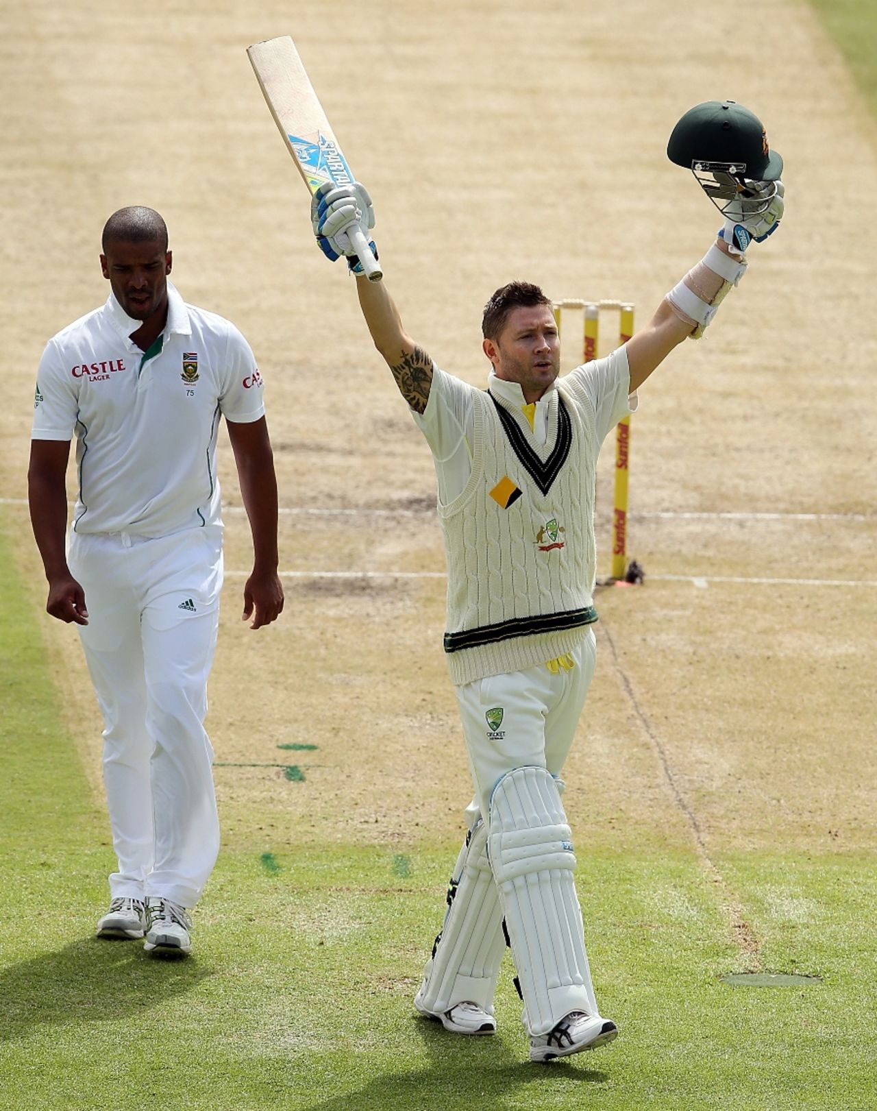 Michael Clarke celebrates a hard-fought hundred, South Africa v Australia, 3rd Test, Cape Town, 2nd day, March 2, 2014