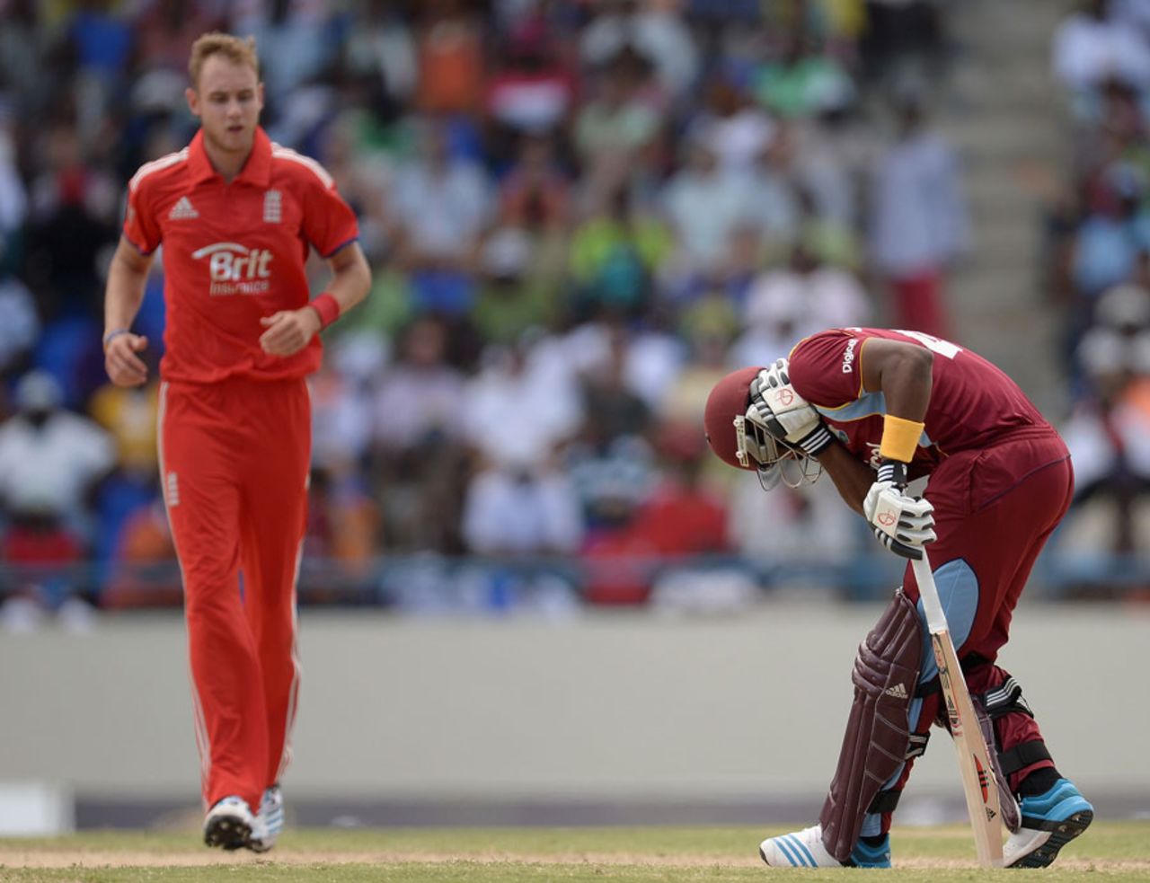 Stuart Broad struck Dwayne Bravo a painful blow on the head, West Indies v England, 2nd ODI, North Sound, March 2, 2014
