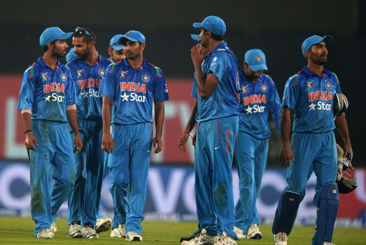 A dejected India team after losing the match, India v Pakistan, Asia Cup, Mirpur, March 2, 2014
