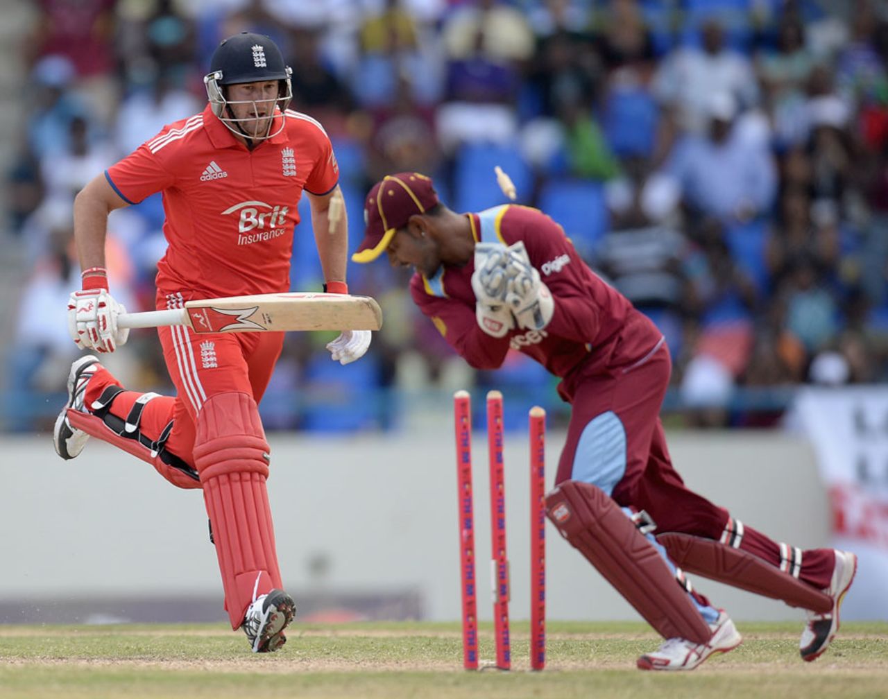 After a mix up, Tim Bresnan was easily run out, West Indies v England, 2nd ODI, North Sound, March 2, 2014