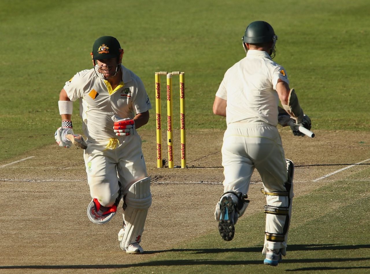 David Warner and Chris Rogers complete a run, South Africa v Australia, 3rd Test, Cape Town, 3rd day, March 3, 2014