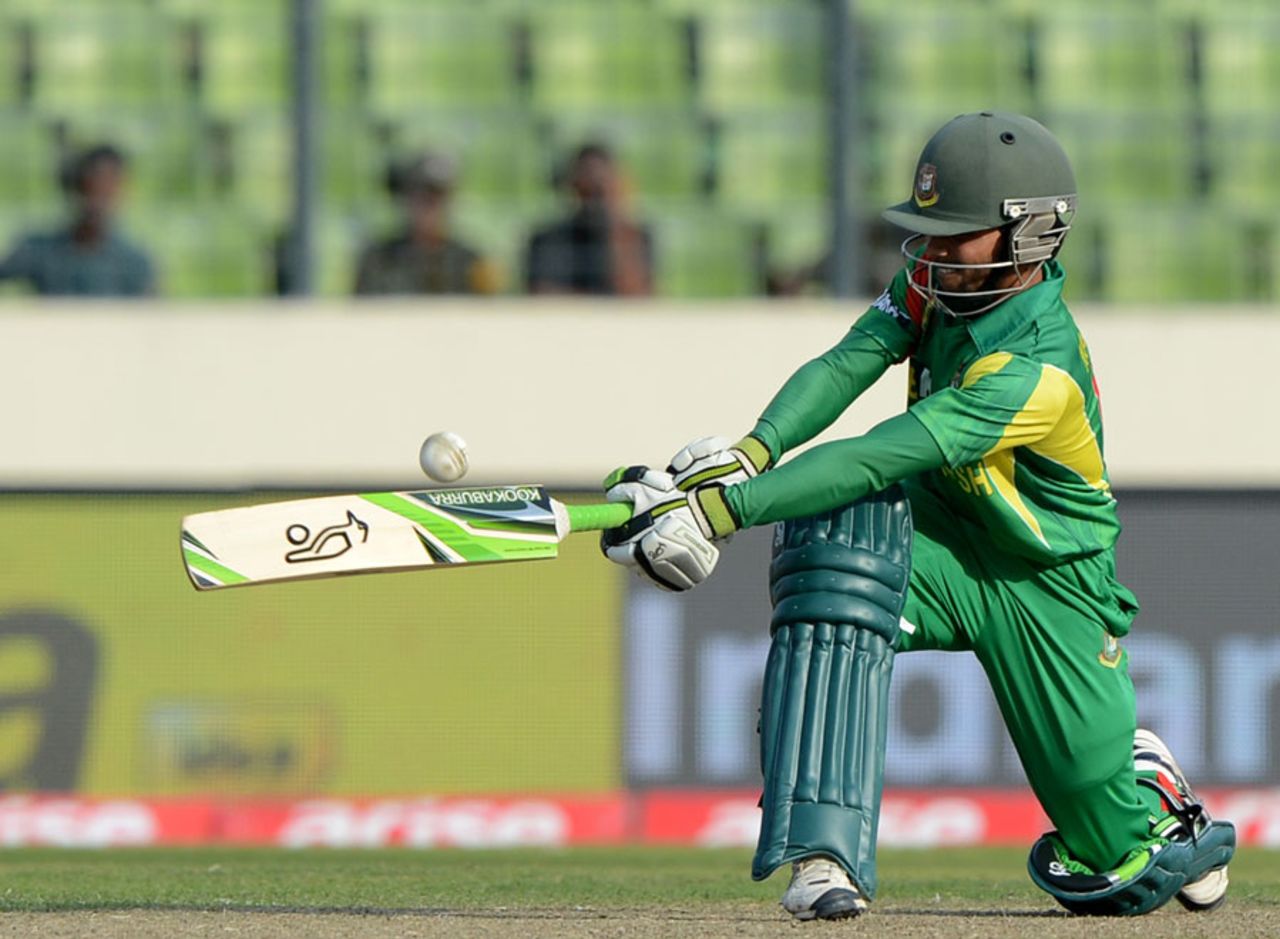 Mominul Haque plays a sweep, Bangladesh v Pakistan, Asia Cup, Mirpur, March 4, 2014
