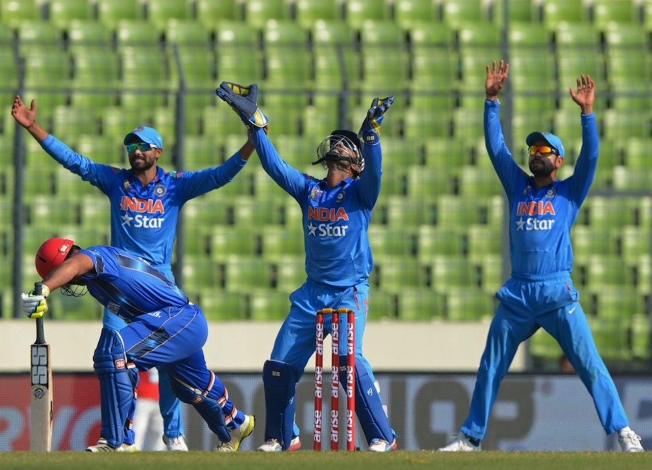 Ravindra Jadeja, Dinesh Karthik and Virat Kohli appeal for a wicket, Afghanistan v India, Asia Cup, Mirpur, March 5, 2014