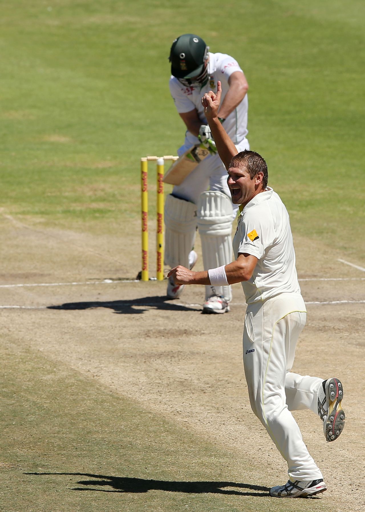 Ryan Harris celebrates dismissing AB de Villiers, South Africa v Australia, 3rd Test, Cape Town, 5th day, March 5, 2014