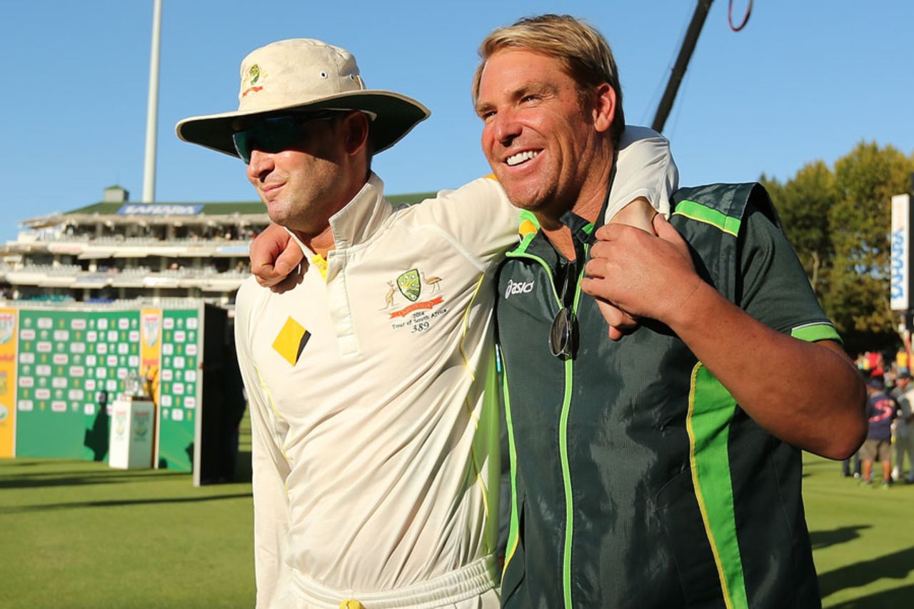 Michael Clarke and Shane Warne enjoy Australia's victory, South Africa v Australia, 3rd Test, Cape Town, 5th day, March 5, 2014