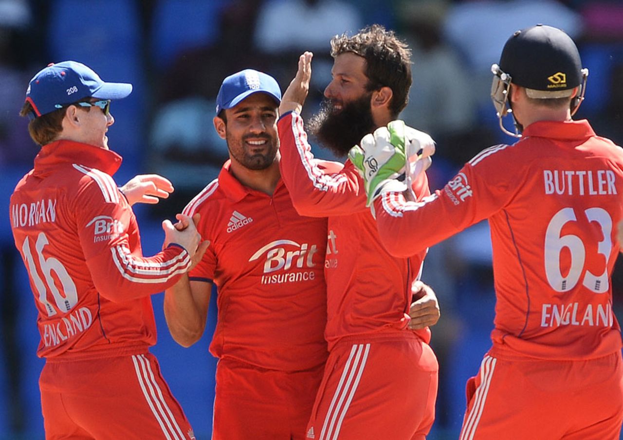 Moeen Ali is congratulated on taking a wicket, West Indies v England, 3rd ODI, Antigua, March 5, 2014