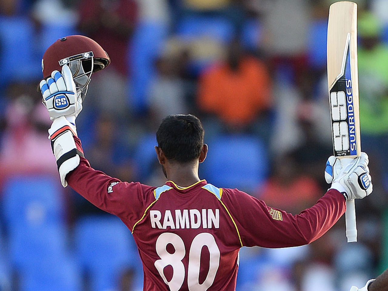 Denesh Ramdin celebrates his maiden one-day hundred, West Indies v England, 3rd ODI, Antigua, March 5, 2014