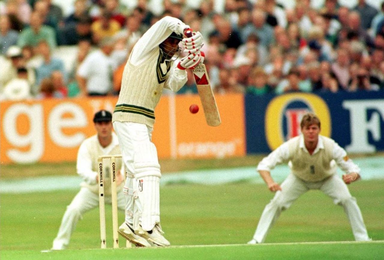Asif Mujtaba fends off a ball from Andy Caddick, 2nd Test, Headingley, August 9, 1996