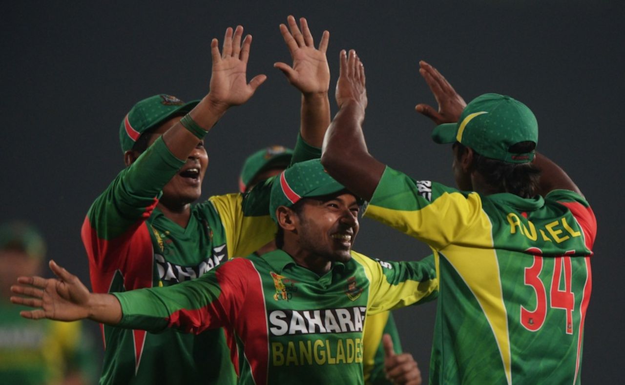 Mushfiqur Rahim prepares to give a congratulatory hug to Rubel Hossain, Bangladesh v Sri Lanka, Asia Cup, Mirpur, March 6, 2014