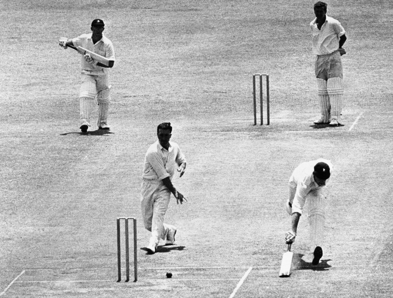 Fred Titmus tries to run out Graeme Pollock, South Africa v England, 3rd Test, Cape Town, 5th day, January 6, 1965