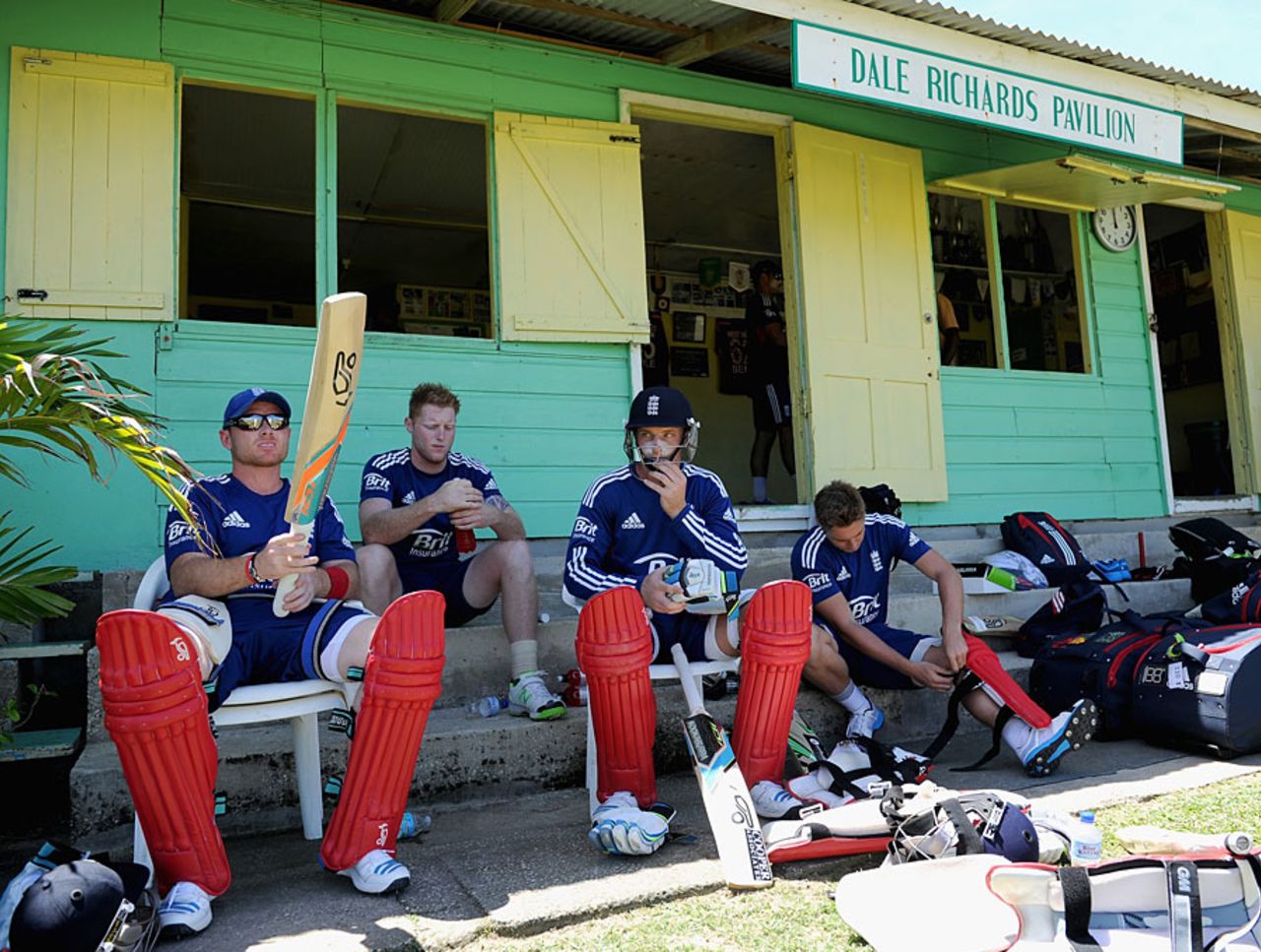 Ian Bell waits with team-mates for his turn to bat, Isolation Cricket Club, Barbados, March 8, 2014