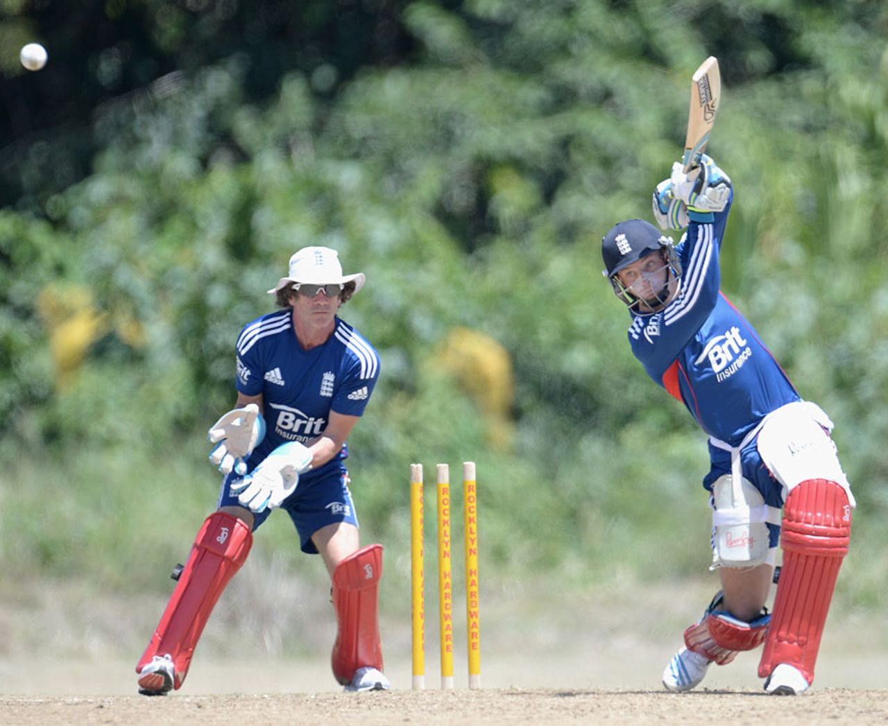 Bruce French gets back behind the stumps as Jos Buttler bats, Isolation Cricket Club, Barbados, March 8, 2014