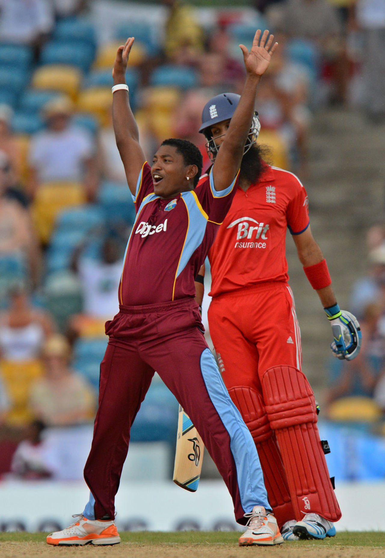 Krishmar Santokie won an lbw decision against Moeen Ali, West Indies v England, 2nd T20, Barbados, March 11, 2014