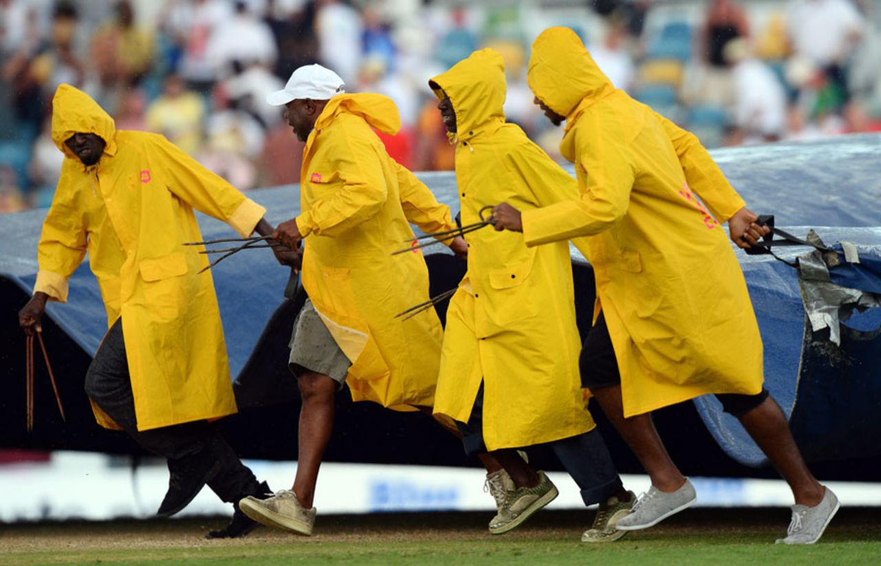 The covers came on during a rain delay, West Indies v England, 2nd T20, Barbados, March 11, 2014