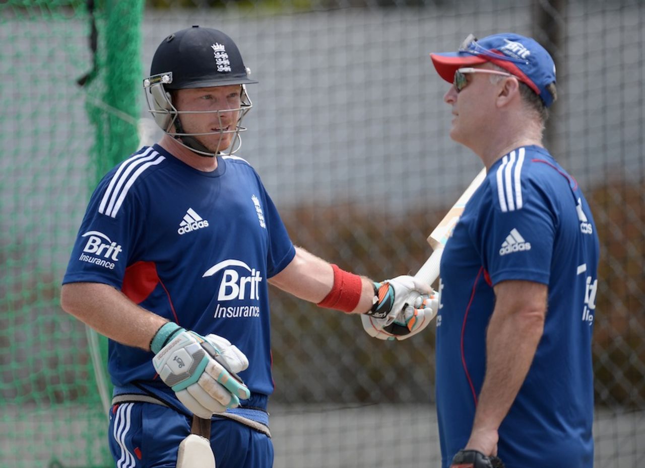 Ian Bell has a chat with Graham Thorpe in the nets, Bridgetown, March 12, 2014