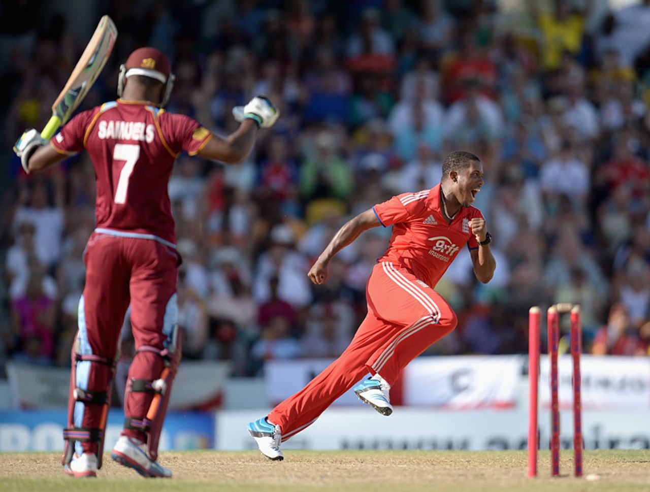 Chris Jordan was ecstatic after removing Marlon Samuels , West Indies v England, 3rd T20, Barbados, March 13, 2014