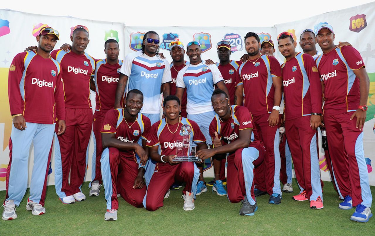 The West Indies team pose with the trophy after the series win, West Indies v England, 3rd T20, Barbados, March 13, 2014