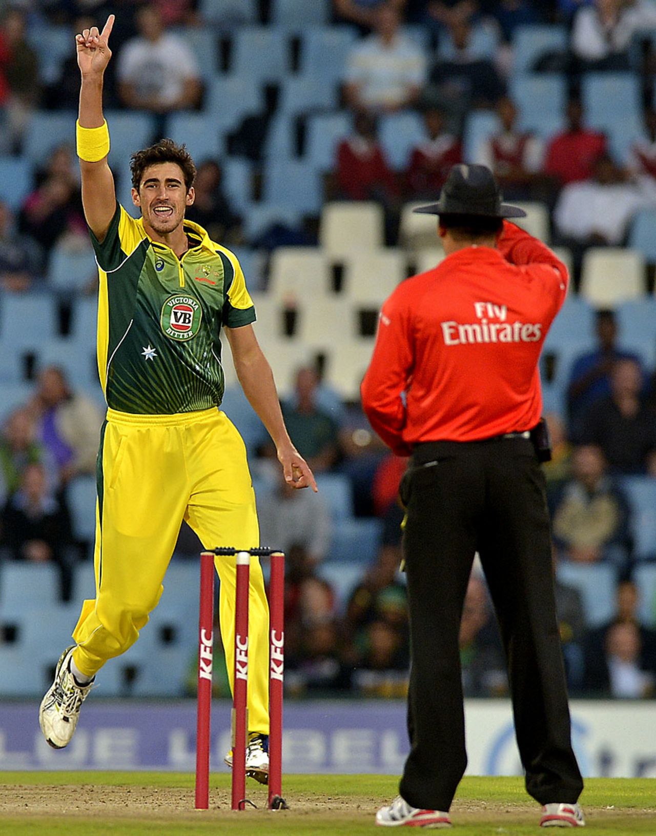 Mitchell Starc wins an lbw appeal early in the innings, South Africa v Australia, 3rd T20, Centurion, March 14, 2014